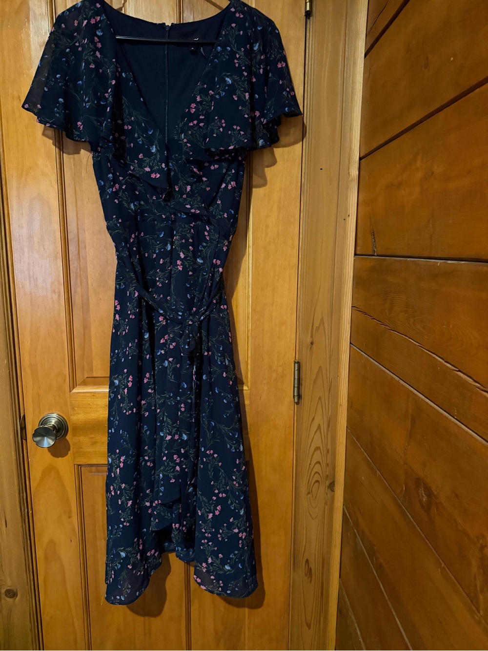 DKNY Navy Floral High-Low Wrap Dress with Flutter Sleeves